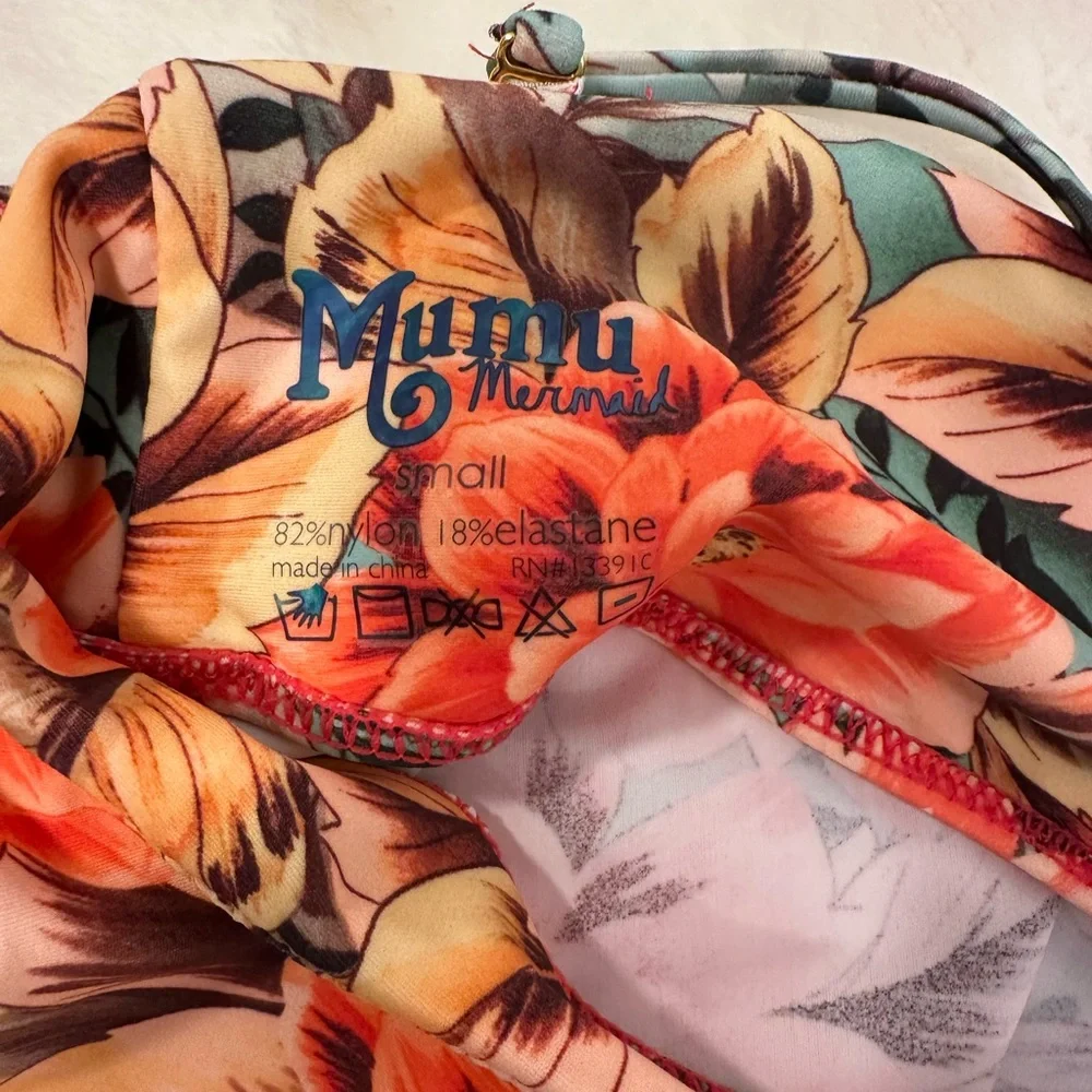 Show Me Your Mumu Orange Floral Bikini Set with Green Leaf Print Size small NWT